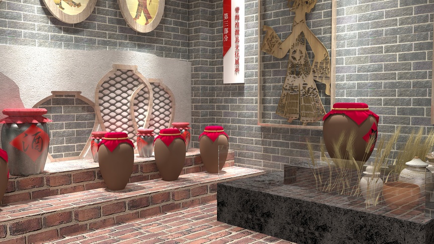这个3D场景是一个具有中国传统元素的室内场景。场景以红砖和土黄色砖块墙壁为主，左侧有一面装饰有圆形和半圆形的白色窗格，中间和右侧的窗格上面有红色的圆形图案。在窗格下方，有一排陶瓷花瓶，有褐色和红色两种颜色，都是双耳瓶，瓶身光滑，颜色丰富。花瓶两侧的墙壁上挂着画有古代将军的挂画，画中将军身披战甲，手拿武器，看起来非常威风。在画的下方，还有一只白色陶瓷酒坛，坛上画有褐色的花纹。整个场景充满了中国传统文化的韵味。