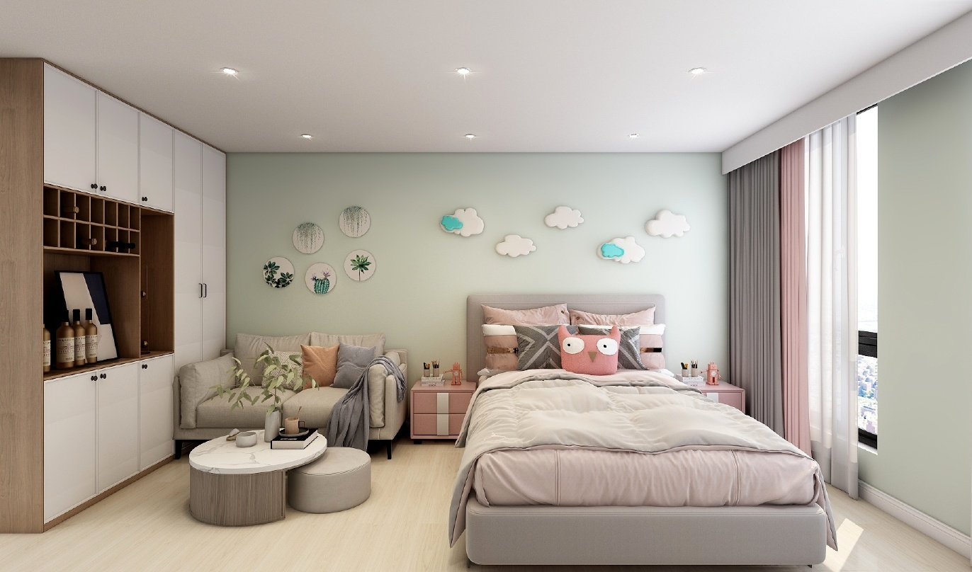 这是一个卧室空间，整体以粉色和绿色为主色调，给人一种温馨舒适的感觉。墙面是绿色的，地面上铺着白色地板，整个空间简洁明亮。卧室的中央是一张铺着粉色和白色床单的床，床的左边是一个沙发，沙发上摆放着一个带有植物的茶几。床的右边是衣柜，衣柜的旁边是两个灰色的床头柜。床的对面墙上挂着一些装饰物品，其中最引人注目的是墙上的白云形状的装饰画，一共有四幅。这些装饰画的左右两侧各有两个，构成了一道美丽的风景线。