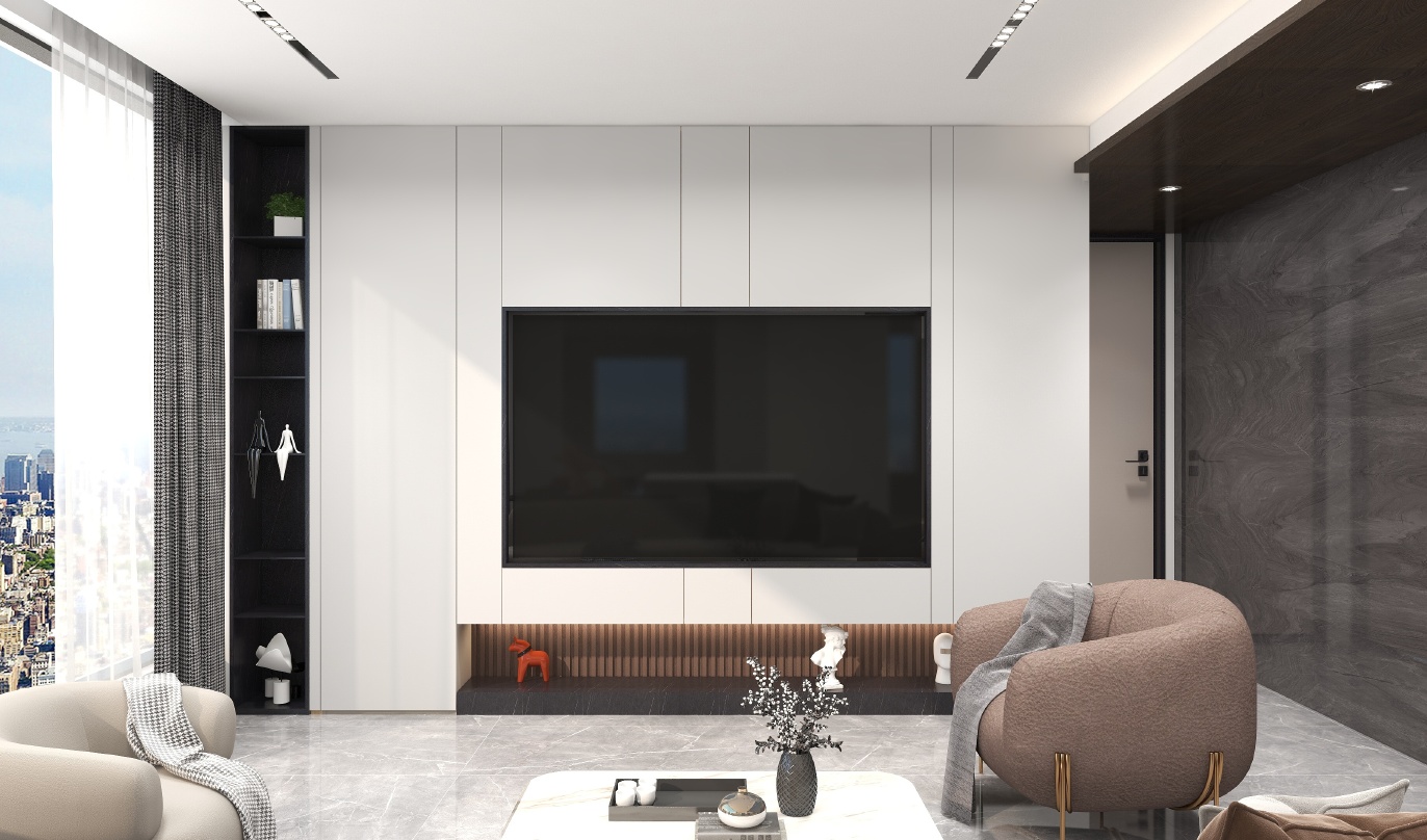 图中是一个客厅的3d渲染图，客厅内壁柜和电视墙一体化设计，电视墙左右两侧设计有黑色的壁柜，中间为黑色的大屏电视，电视墙下方设计有储物空间。