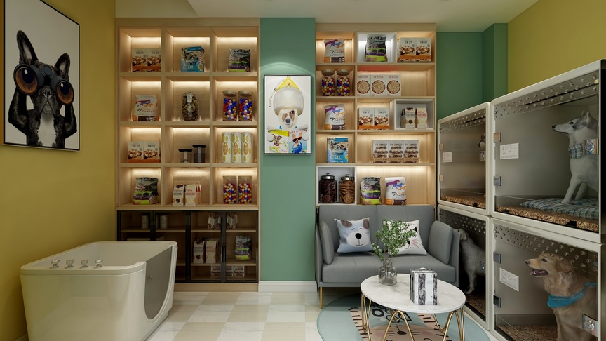 这是一个宠物店的内部设计效果图，宠物店的色调以绿色和米白色为主，给人感觉清新自然。店内的布局设计很人性化，以宠物的活动和休息区为主，配色和用材都非常考究。宠物店分为几个区域，分别是左上角的玩具区、中间的寄养区和右下角的狗狗洗澡区。每个区域的功能都十分明确，可以看出店家对于宠物的照顾十分细心和周到。