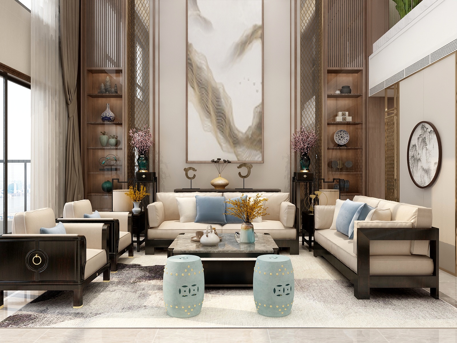 湛智华-新中式别墅客餐厅271平金地装修效果图