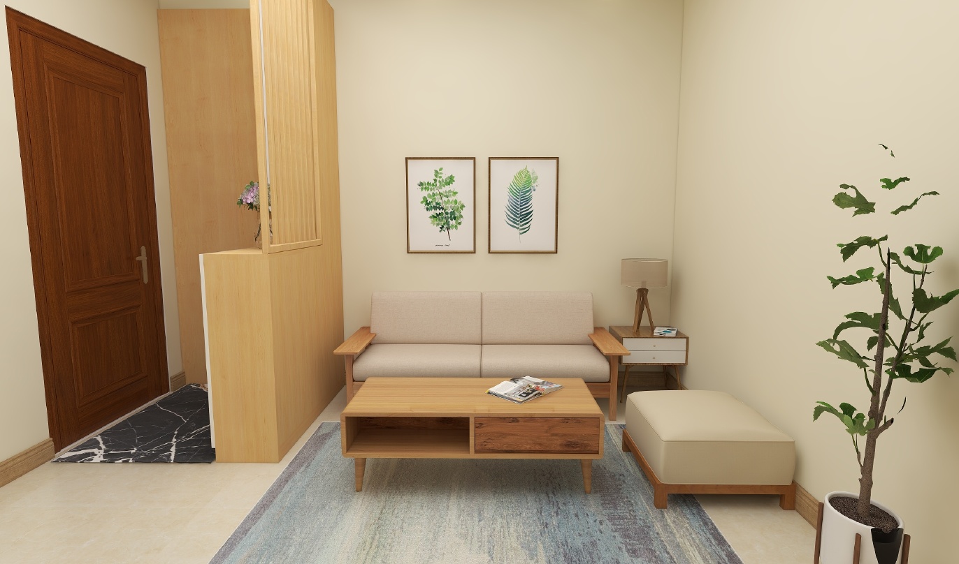 这个客厅的墙面是米白色的，地面上铺着一张长方形的彩色地毯。地毯上放着一张木质的茶几，茶几的前面摆放着一张沙发，沙发上放着两个坐垫。沙发的右边是一张木质的边几，边几上面放着一个方形的咖啡桌，左边则是一张带有小桌子和坐垫的沙发凳。沙发背墙上挂着两幅植物图案的画，其中上方的画下方有一根绿植。入门右侧的墙面是一个镂空的鞋柜，鞋柜上还放着一朵装饰花。