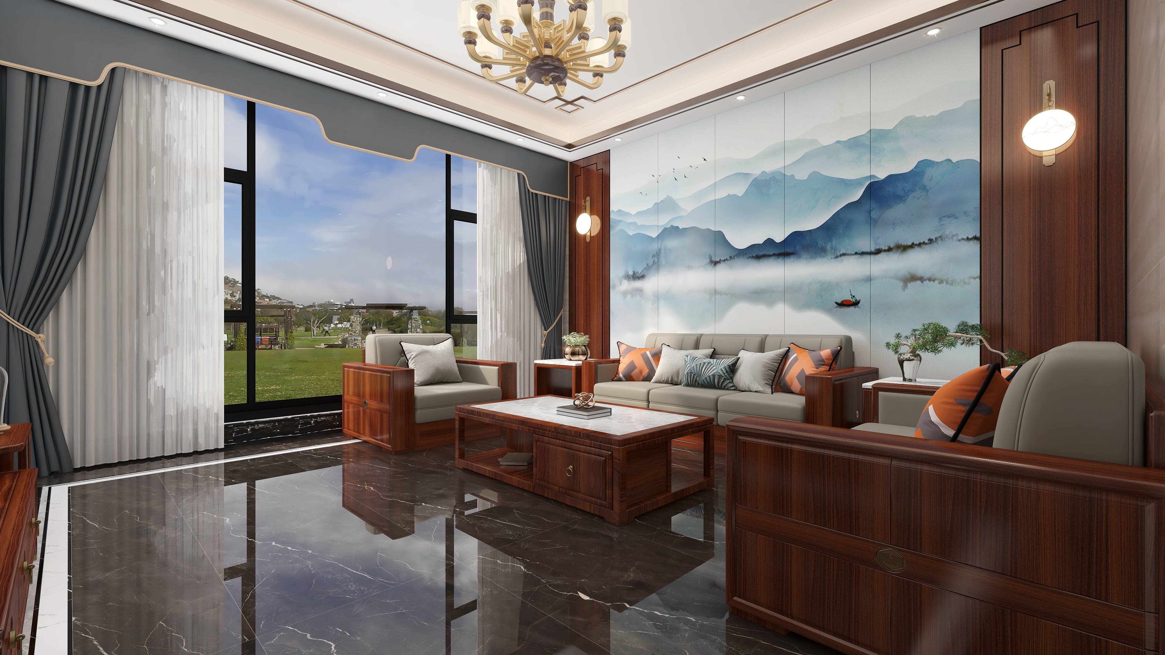 设计师丨胡月平-别墅-新中式装修效果图