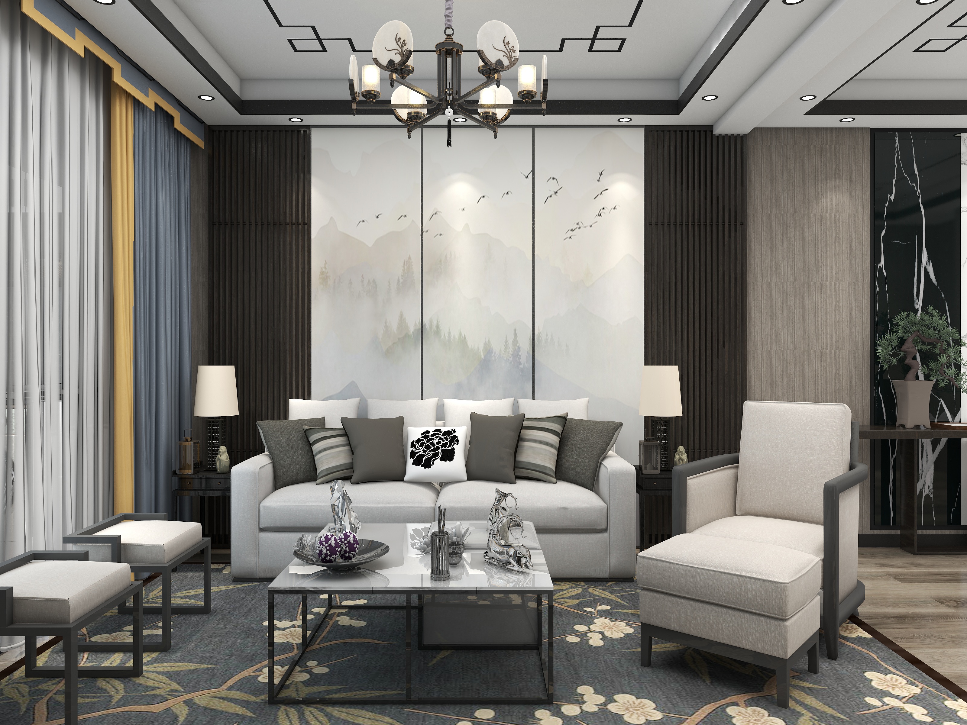 设计明老师-100平三房新中式装修效果图