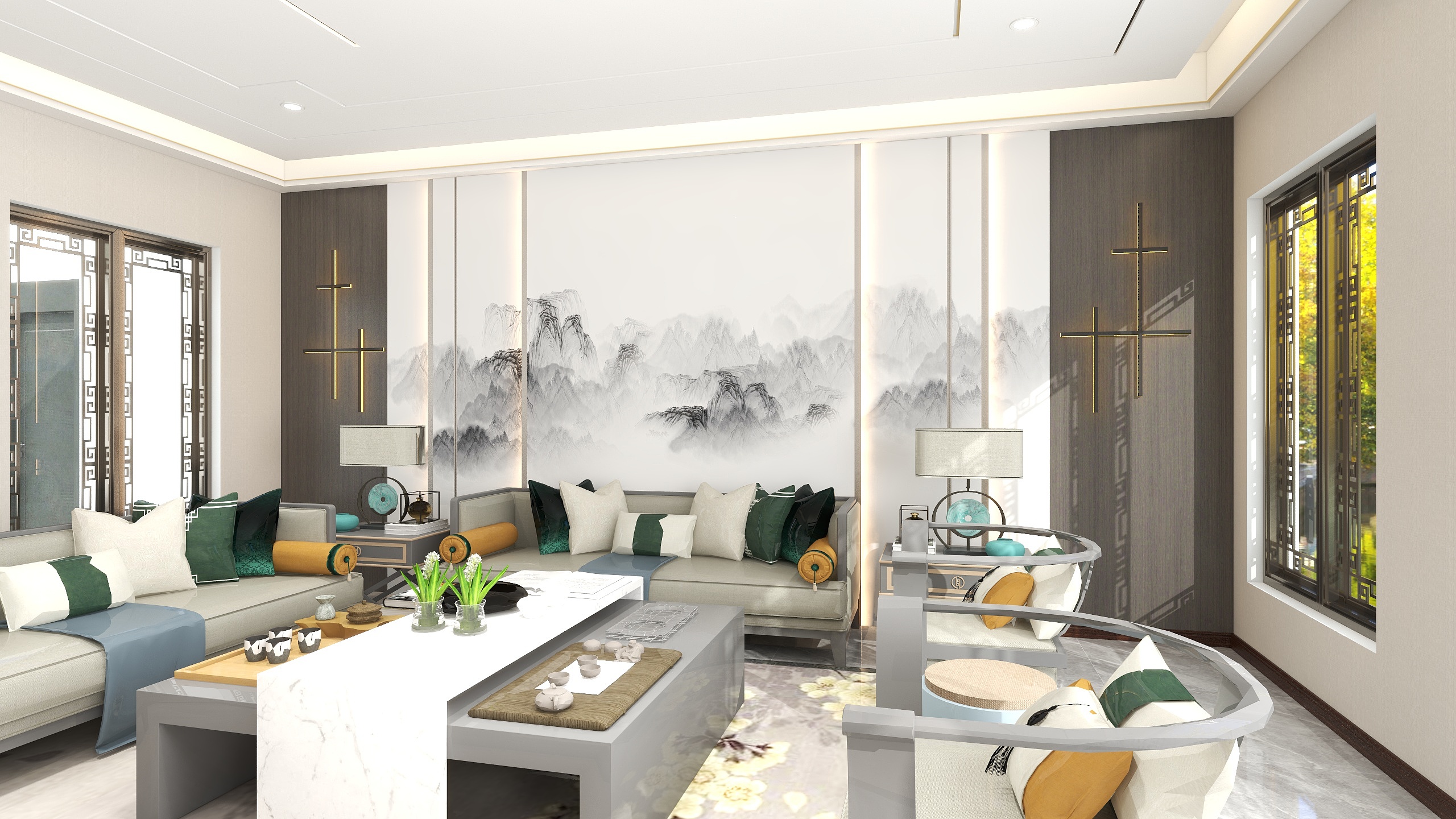 設设计-新中式310平四合院装修效果图