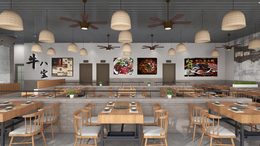 图中是一个大型的餐厅，餐桌上排放着餐具，如图3桌子上放着筷子，图4桌子上放着碗。餐椅呈棕色,图2中的餐椅是棕色的，图4中的餐椅是木质的。灯悬挂在餐桌上空，图中挂着6个灯，灯是白色的，图2中挂着7个灯，灯是白色的。吊顶上有波浪纹，图2中的吊顶有波浪纹。餐厅过道有通风口，图2中餐厅过道的左边有5个通风口。墙面有装饰画和吊扇，图中墙上挂着4个画，图2中墙上挂着4个画和2个风扇。图中有4个风扇，图2中有5个风扇，图1中有5个风扇。
