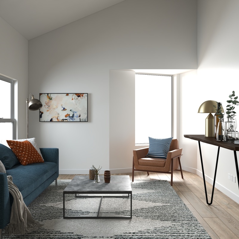 Modern Transitional Living Room with Blue-Orange Accents