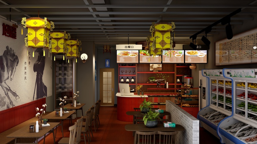 这是一个餐饮店的场景。从图中可以看到，这个餐厅以红色和白色为主色调，给人一种温馨而舒适的感觉。餐厅中间有一个红色的吧台，吧台的左侧有一个海鲜冰柜，展示着各种海鲜。墙上挂着菜单，顾客可以点餐。天花板上挂着黄色的灯笼，营造出一种中国风的氛围。店内的桌椅布置得整齐划一，中间有两排椅子，方便顾客入座。地面上铺着黄色的瓷砖，与红色的天花板和海鲜柜形成了鲜明的对比。整个餐厅空间布局合理，让人感到十分自在。
