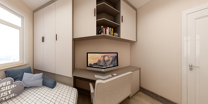 这是一个卧室空间，墙面是米色的，地面上铺着淡棕色的木地板。卧室的左上方有一个衣柜，衣柜的上方有一个置物架，置物架上整齐的摆放着一些书籍。衣柜的右侧是一个电脑桌，电脑桌上有电脑和一些文具用品。电脑的左边是一个榻榻米床，床上放着几个抱枕，床单也是格子图案的。房间门口的门是白色的，门框是灰色的。窗户的窗帘被拉到最左边。