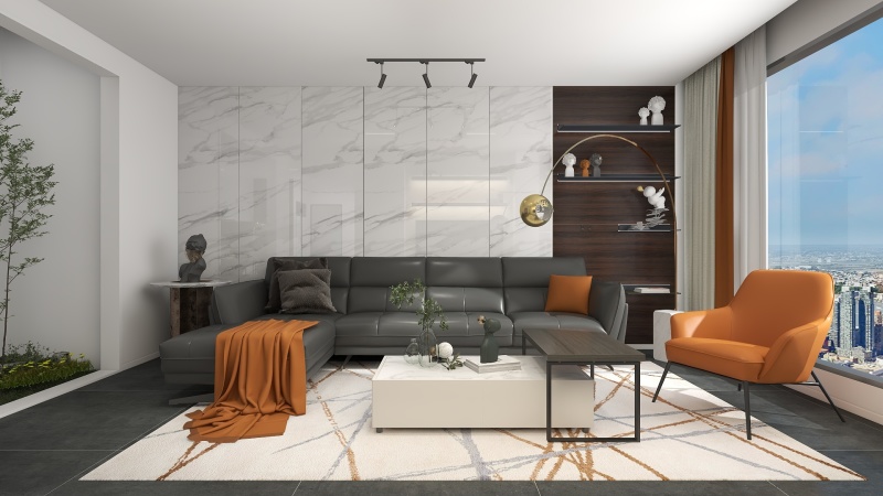 Modern Living Room with Orange Accents