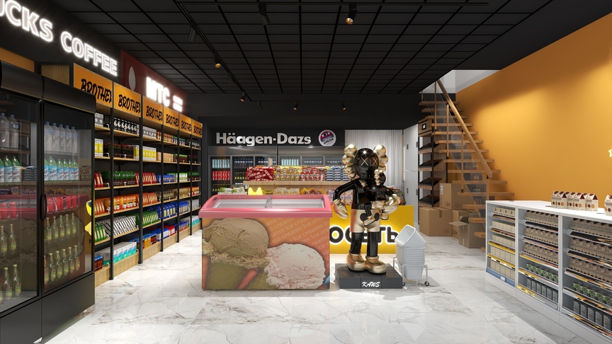 这是一个冷饮店的内部设计图，整个冷饮店的地面是灰色的大理石纹，显得高端而典雅。店的左侧是一个冰激凌展示柜，柜子是橘色的，上面摆放着各种口味的冰激凌，下面有三个橘色的盒子，上面写着“哈根达斯”。柜子旁边有几排饮料，有可乐、雪碧等，还有几个玻璃门的冷柜，里面摆放着各种饮料。店的右侧一共有两层楼，最上面是黄色的，最下面也是黄色的，不过最下面还有一堆儿黄色的箱子，看不清是什么。中间有一个橙色的标志，上面有黑色的英文字母，也看不清是什么。最上面是橙色的，有黑色的英文字母，也看不清是什么。