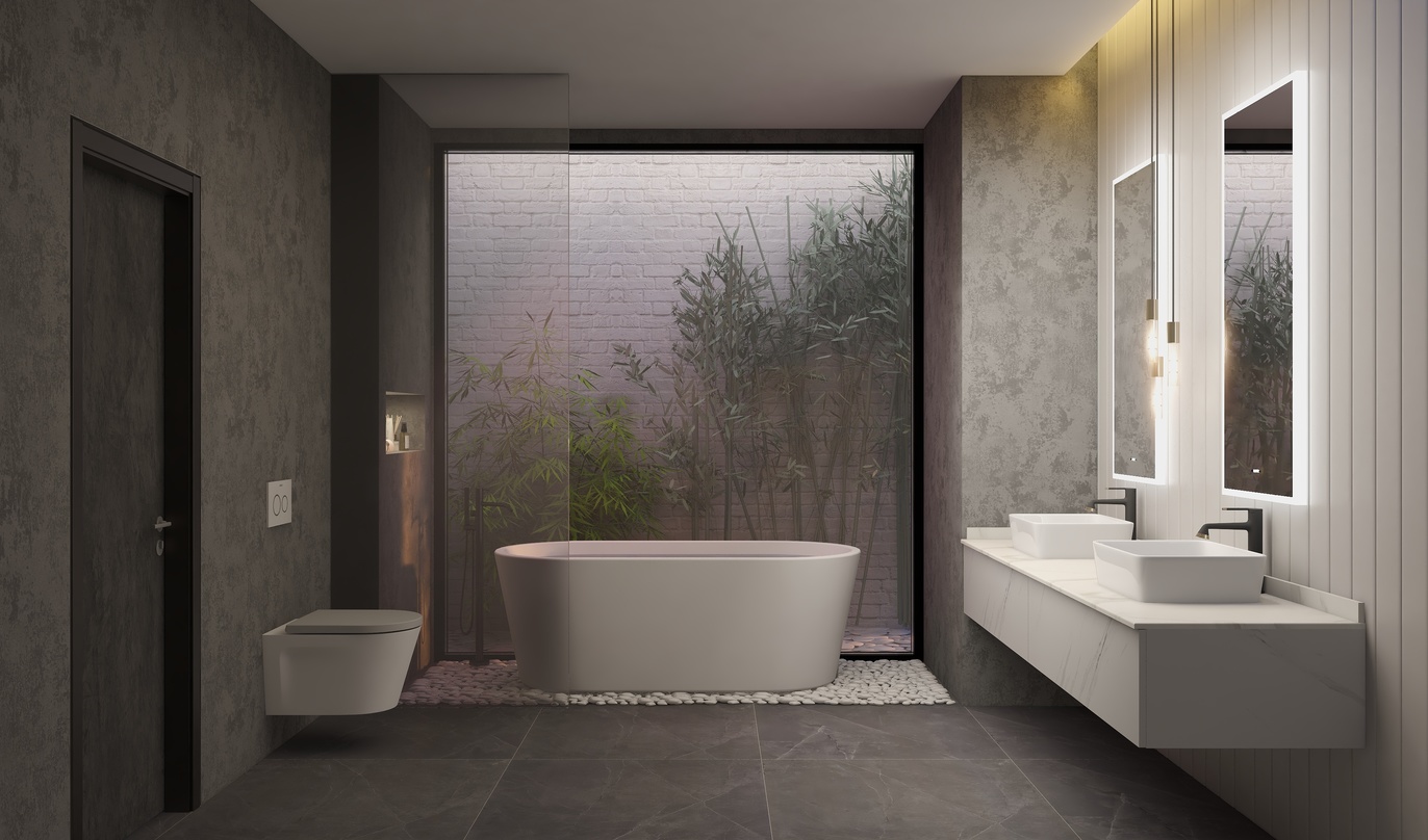 这是一间现代感十足的浴室，整体以灰色为主色调。浴室的一侧有一扇大窗户，墙面上使用了中性色的砖块设计，为整个空间赋予了自然的光线。地面使用了小石子铺成的垫子，为整个空间增添了一些自然元素。卫生间和洗手台被放置在了浴室的一侧，使用了简洁的线条设计，显得非常流畅、整洁。在卫生间旁边，有一个可以调节亮度的镜子，为整个空间增添了现代感。