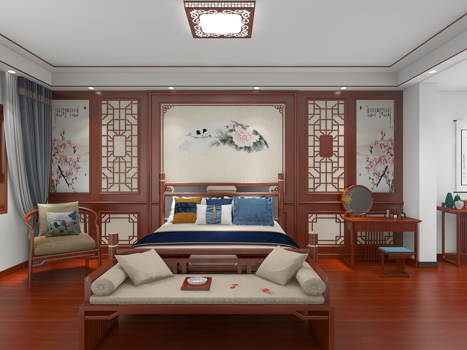A家001-嘉和城别墅四楼主卧中式风格装修效果图