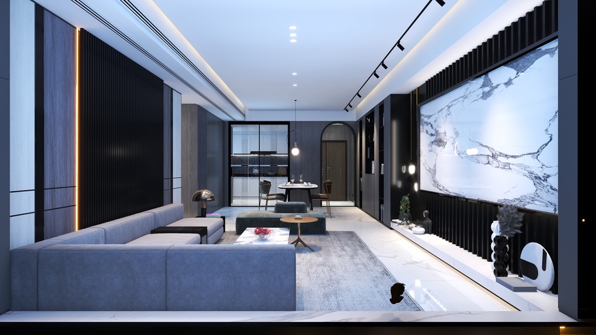 这是一间客厅的3D渲染图，整体色调以黑白为主，营造出一种现代感和高级感。墙面装饰以深色木纹为主，搭配上白色的灯光和大理石纹的装饰，显得既时尚又舒适。