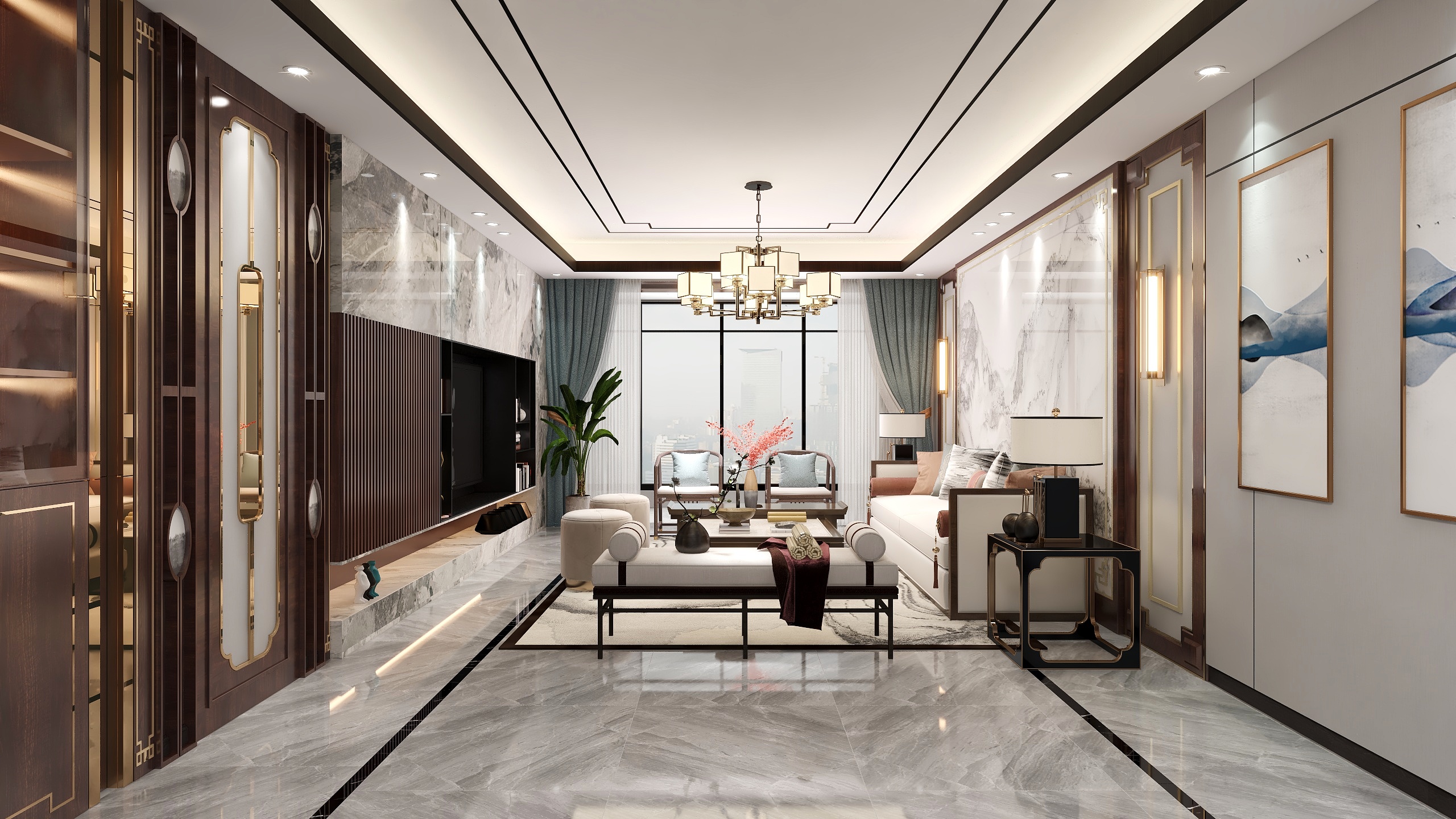 老妖怪做设计-55平中式轻奢风客餐厅设计装修效果图