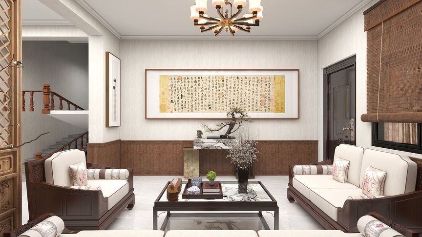 这个场景是一个客厅的内景。墙面是白色的，悬挂着一幅画，画的下方是几盆盆栽，其中一盆是梅花。墙面和下方的边框是深棕色的。地面是白色的，铺着一块深棕色的地毯。天花板是白色的，中央挂着一盏吊灯，灯罩是黑色的，下面挂着一串珠串吊灯。地面是白色的，中间是黑色的茶几，茶几两边各放了一张沙发，这两张沙发都是米白色的，上面放着几个抱枕，其中一个是白底褐色花纹的，一个是褐色的。图片的右边是一面镂空的木制隔断，左边是镂空的黄铜制隔断。隔断后面是餐厅，可以看到餐厅的门是敞开的，门框是白色的，墙是黄色的，挂着一幅黄色的装饰画。再往里走是厨房，厨房的门是敞开的，门框是白色的，墙是白色的，挂着一个棕色的木制工艺品。