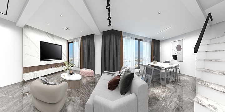 设计小w-样板房户型八有餐厅区域-后现代轻奢-90m²没有柱子-装修设计方案