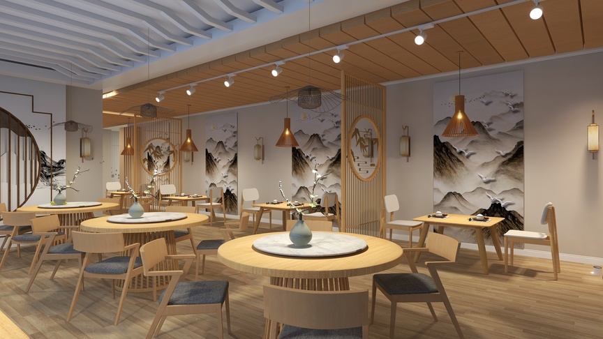 图中是一个餐厅空间，空间里装饰着新中式风格的装饰画，木质的桌椅和灯具营造出一种温馨舒适的氛围。餐厅的顶部的横梁用的都是棕色的木色，给人一种自然、温馨的感觉。餐厅的桌子上摆放着餐具和餐巾，看起来非常干净整洁。而且，餐厅的每个桌子上都放了一个花瓶，花瓶里插着蓝色的花，为整个空间增添了一抹亮色。椅子都是木质的，上面放着灰色的坐垫，舒适度提升了不少。整个空间宽敞明亮，陈设简单而精致，透露出一种低调的奢华感。