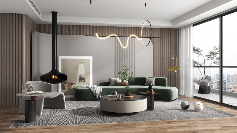Modern Wooden Living Room with Green Accents