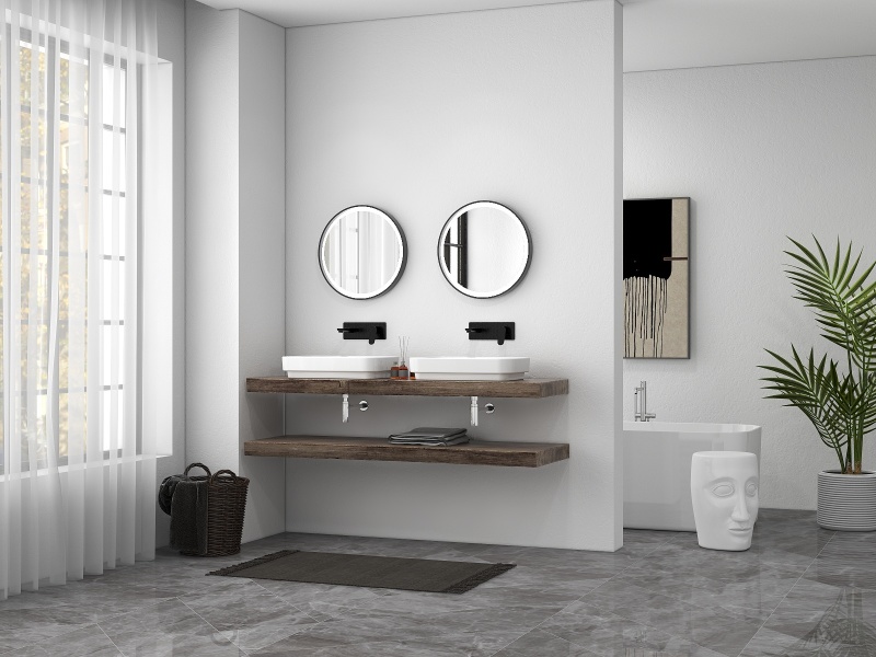 Modern Minimalist Bathroom with Wood Tones