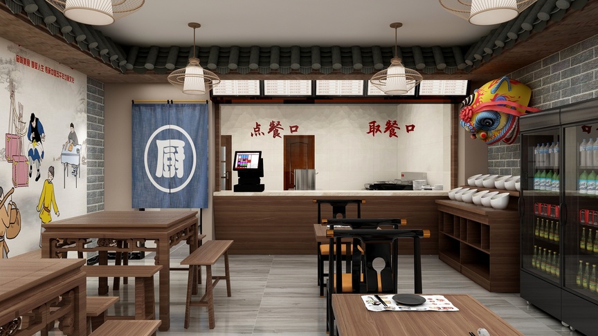 图中是一个中式餐饮店的模拟图，场景非常逼真，从厨房的点餐台、到后面的展示台，再到店堂里的桌椅，一应俱全。厨房点餐台旁边挂有蓝底白字的横幅，上面写着“厨房”，左边墙面上是关于厨房的一些规范和制度。展示台左侧挂着酒水单，上面是琳琅满目的酒水单，右侧是一个装饰性的纸扇，纸扇上画有一个大龙。店堂里有四张桌椅组成的就餐区，其中一张桌子上还放置了四个黑色的餐具。就餐区的上方是白色的吊顶，吊顶上安装了多个吊灯，这些灯具看起来非常有特色。店堂里还放置了一些植物，这些植物看起来非常绿，给整个店堂增添了一些生气。