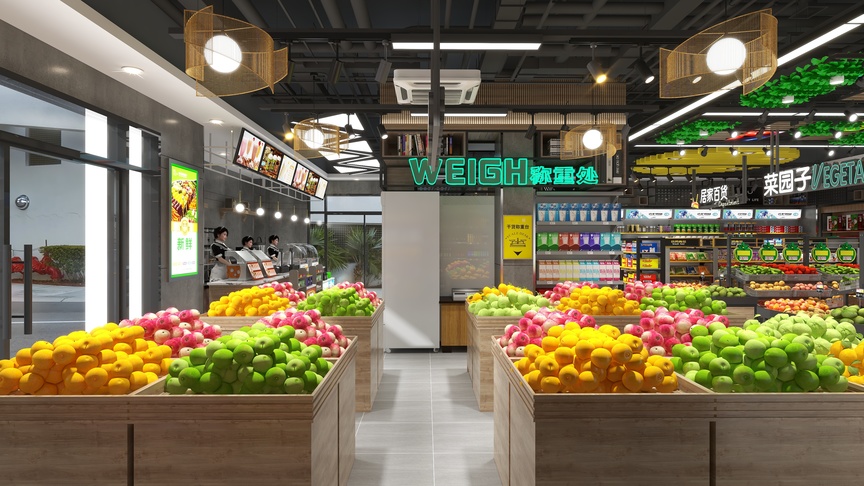 图中是一个水果店的内部环境。从左到右，首先是店家的收银台，上面摆放着黄色和绿色的水果，黄色的似乎更熟一些。然后是摆放水果的木盒，木盒里有苹果、火龙果、橙子等，这些水果都被白色袋子装着，放在木盒里。木盒依次排列，直到最后面。木盒上方挂着黄色、绿色的果蔬，果蔬下方有白色的底座。果蔬的右侧是货架，货架上摆放着各种水果，如橙子、香蕉、猕猴桃、菠萝等，这些水果都被白色袋子装着。图中背景墙是绿色的，上面写着绿色的英文字母。天花板上挂着两个白色的灯，灯的下面有黄色的灯光。店家的右侧是一张卡座，卡座前面有一个白色的台子，上面写着“潮辣辣”。