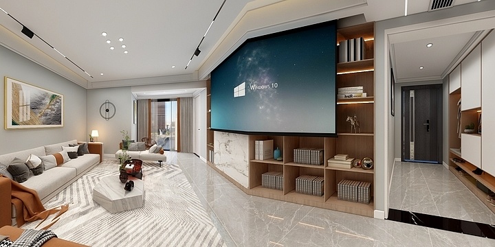 这个是一个客厅的3D模型，客厅的墙面是白色的，地面上铺着灰色的地毯。客厅的中央放着一张白色的地毯，地毯上放着一个灰色的茶几，茶几上放着一个橙色的抱枕。客厅的墙面处摆着一幅艺术画，画面偏向橙色。沙发是米白色的，摆放在客厅的左侧，沙发旁边放着一个灰色的单人沙发。客厅的右侧是开放的厨房，厨房的门是黑色的。厨房的右边有一个通往阳台的门，门是白色的。电视背景墙是一块巨大的蓝色幕布，上面显示着Windows 10的标志。电视的左右两侧分别是书架，书架上整齐的摆放着书。吊顶安装了多个射灯，地面铺着白色和灰色的大理石地砖。