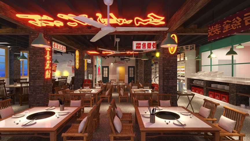 图中是一个工业风格的火锅店，店面前面是木制的桌椅，上面摆放着白色桌布和红色的餐具，店家挂着红灯笼和一些彩色的吊灯，这些灯具下方还有黄色的暖灯。店内墙面上是绿色的桌面，一些木制的吧台和桌椅摆放在一起，方便食客用餐。在火锅店的后面，还有一个厨房，厨房里有白色的瓷砖和红色的炉灶。店家在店的正面挂着红黄色和蓝白色的横幅，横幅上写着一些中文字母和图案。