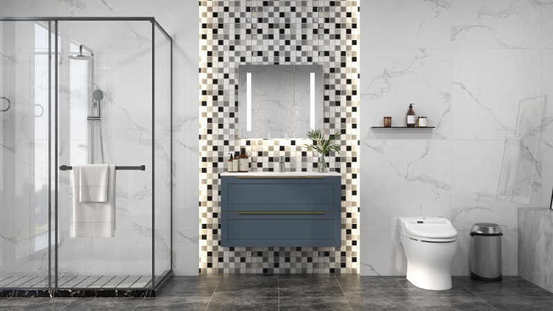 Modern Black & White Bathroom with Blue Accents