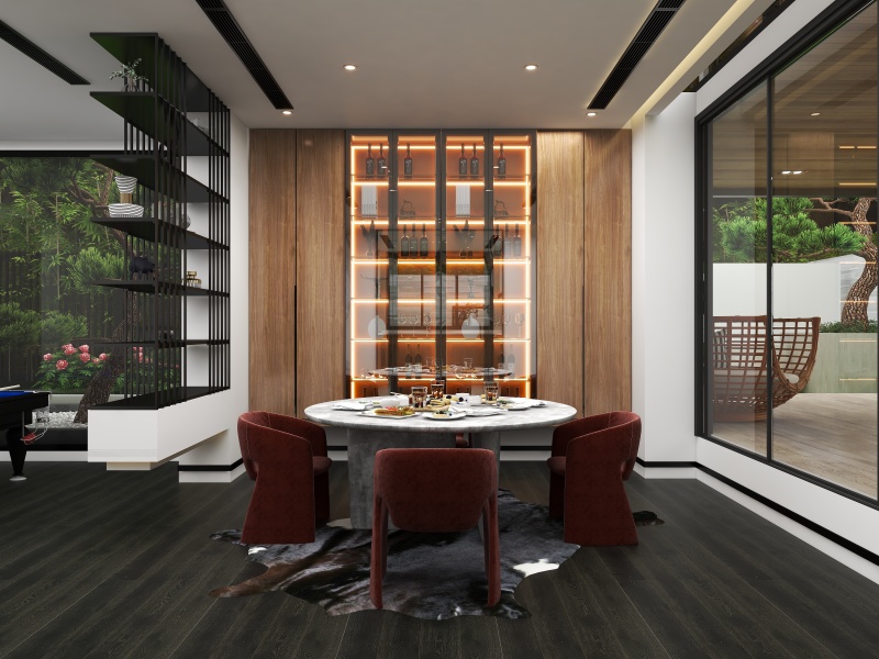 Modern Minimalist Dining Room with Wine Display