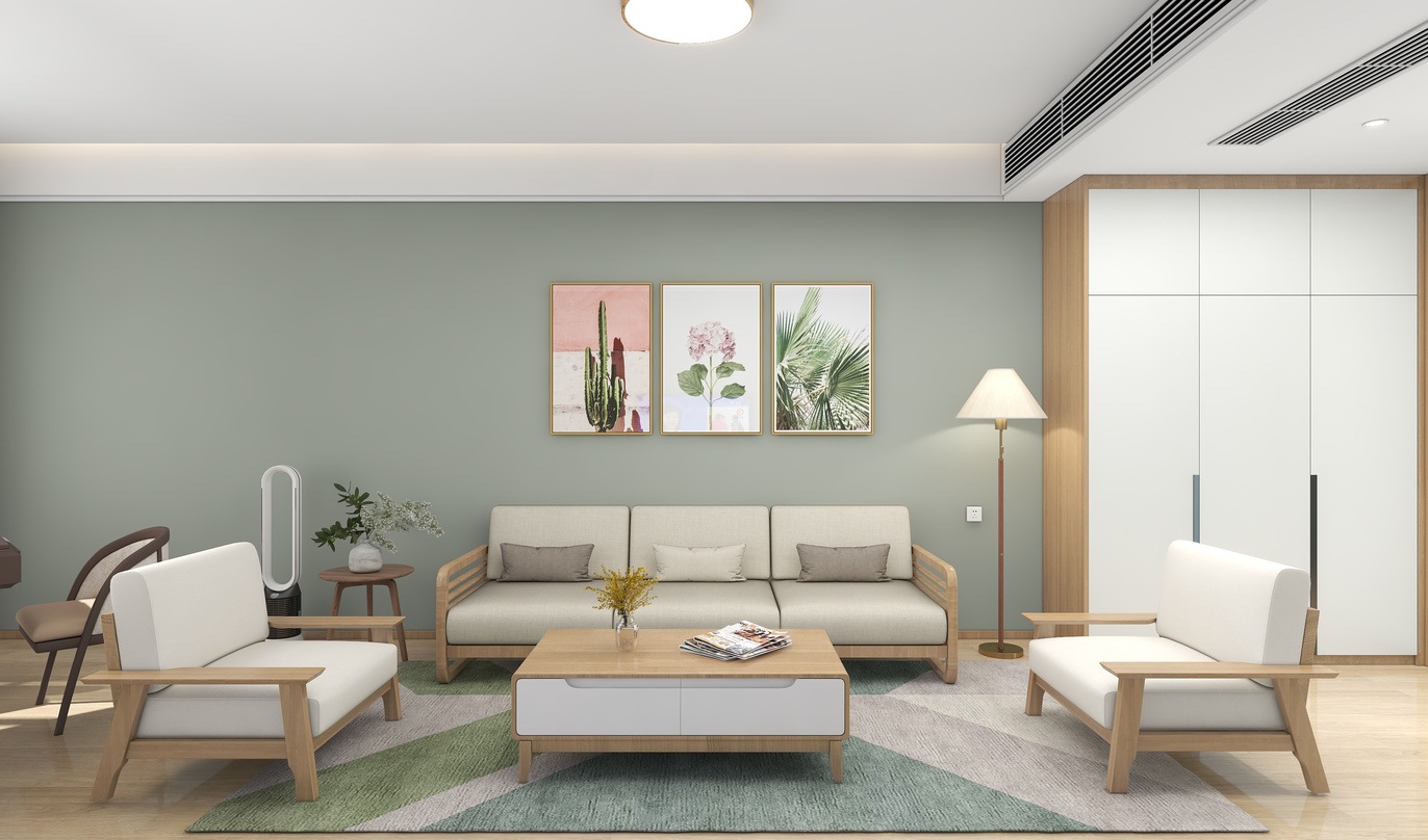 图中是一个客厅的3d模型，整体为白绿相间的色调。墙面是绿色，地面铺着黄色的瓷砖。吊顶有斜角线，中央挂着一盏白色的圆形吊灯。房间的一侧是白色的墙壁，上面挂着三幅植物主题的画。房间另一侧是白色的墙壁，墙壁上安装着一个白色的门。房间内摆放着一套米色的沙发和两把白色的单人沙发。沙发的前面摆放着一个方形的茶几。房间的一角摆放着一个黑色的椅子。房间的另一角放置着一个带木纹台面的白色桌子，桌子上放着一个带白色座垫的黑色椅子。桌子的旁边摆放着一个带木纹台面的白色桌子，桌子上放着一个带白色座垫的黑色椅子。房间的右侧墙面摆放着一个带白色扶手的棕色木制沙发。房间的左侧墙面摆放着一个带白色靠垫的棕色木制沙发。房间的右侧墙面还摆放着一个带白色台灯的棕色木制桌子。桌子的旁边摆放着一个带白色靠垫的棕色木制椅子。房间的左侧墙面还摆放着一个灰绿色的仙人掌图案的挂画。
