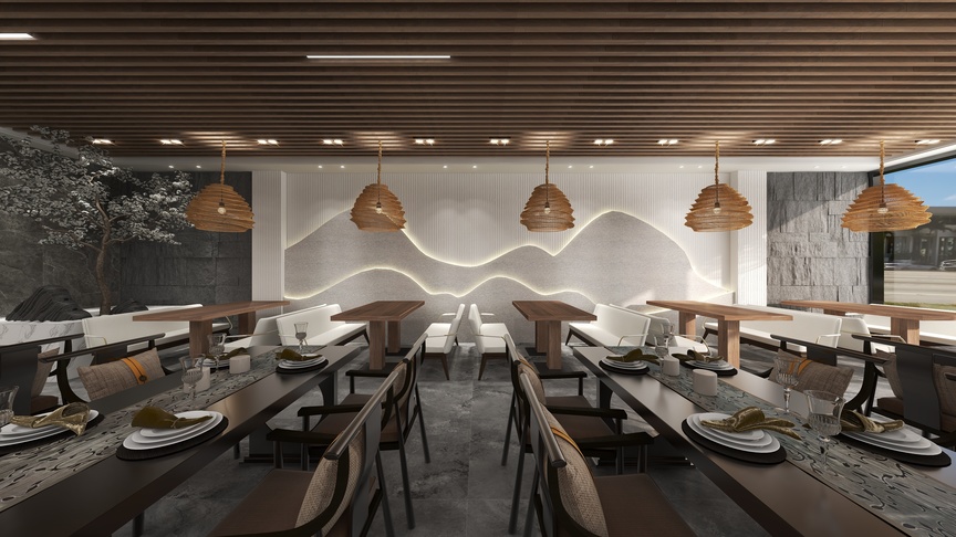 这是一幅餐厅的3D渲染图，整个餐厅以现代日式风格装修，以木质材料为主，营造出一种温馨舒适的环境。图中可看到长形的木质桌子分布在餐厅里，桌子上摆放着筷子和餐盘，每个桌子都配有椅子。背景墙是白色的，上面挂着装饰灯和艺术画，其中背景右侧有一面玻璃墙，可以看到外面的树木。整个餐厅安装了木质的天花板，上面还装有黄色的LED灯，整个餐厅地面是灰色的大理石瓷砖。