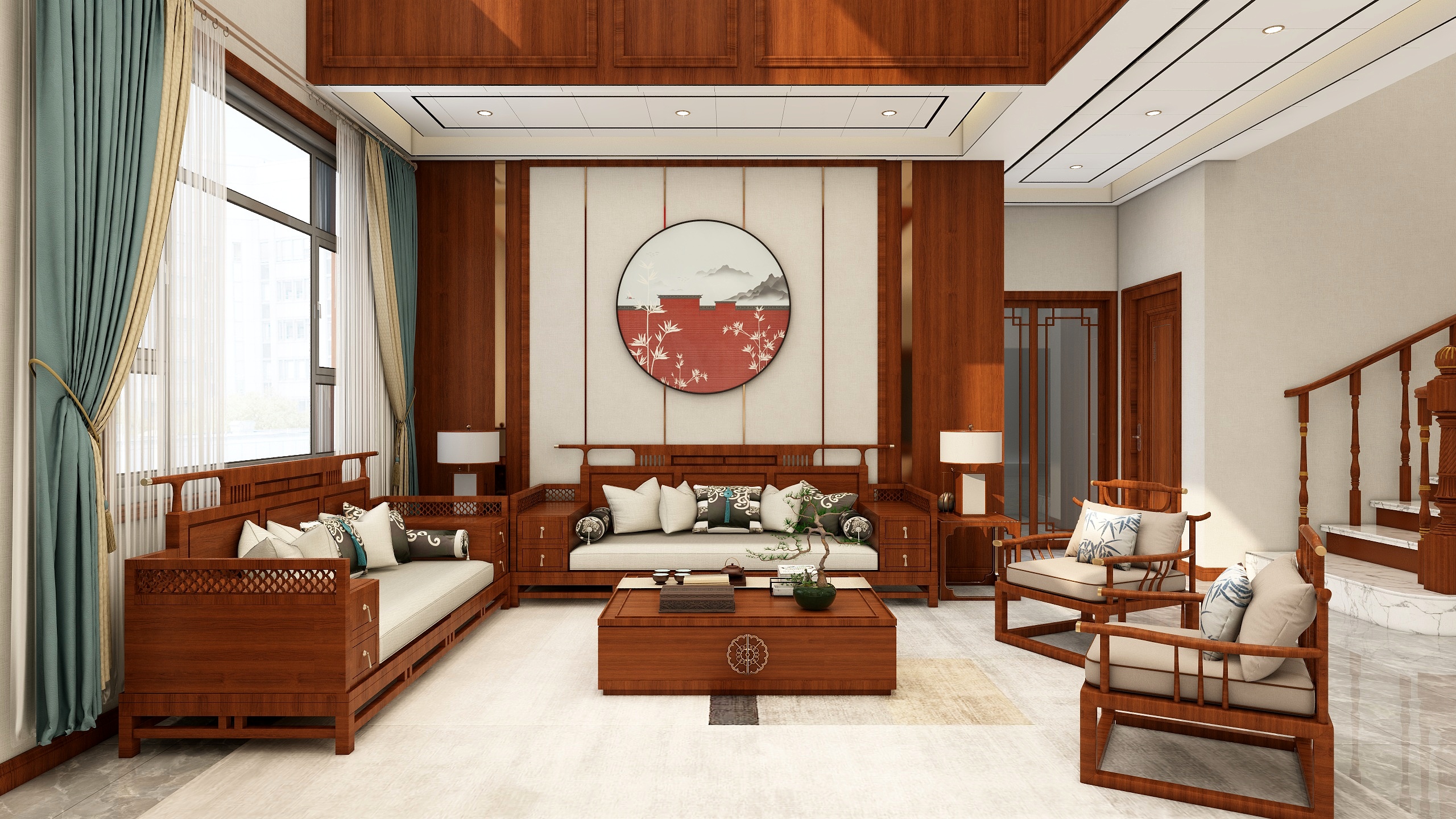 设计丨张超杰-新中式挑空丶卢装修效果图