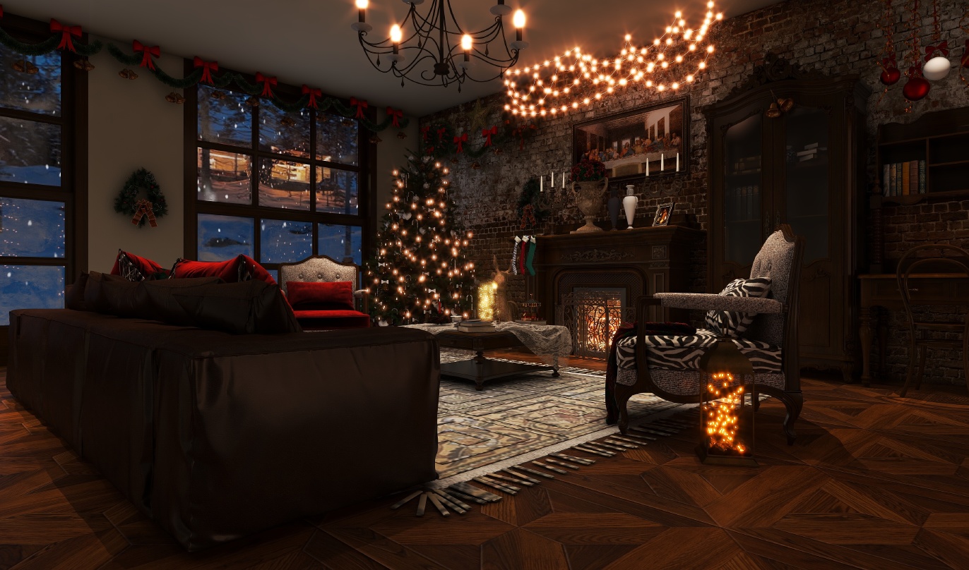 这是一张装饰有圣诞节装饰的客厅的3D渲染图。客厅的墙壁是砖墙，地板是深棕色的木地板，上面铺着淡色的几何图案地毯。房间的一角有一个黑色的壁炉，壁炉两侧是木质的书架，上面摆放着各式各样的书籍。壁炉的对面是一张黑色的沙发，沙发上摆放着红黑色的抱枕，旁边有一个咖啡色的单人沙发，沙发上挂着一个有白色小球的黑色吊灯。单人沙发的旁边有一个装满书的黑色柜子，柜子上放着一个有黑色条纹的白色灯罩的灯。房间的右上角挂着一个圣诞袜，窗户前挂着圣诞装饰的圣诞树，窗户的窗帘被拉到一旁，让窗外的雪景清晰可见。