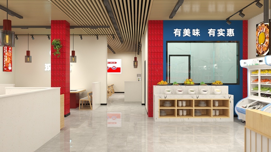 图中是一个食堂的就餐区，从左到右有吧台、冰柜、水果台、取餐窗口和四张白色餐台。就餐区的左侧有红砖图案的墙，墙面上有红白色相间的装饰画和红白色的隔断。吊顶使用了深棕色的木条，地面是灰色的方格砖。图中还显示有“欢迎光临”、“您有7条餐券”和“ pos机”字样。