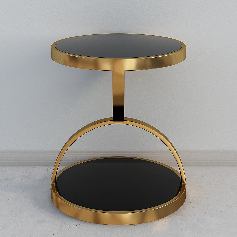 Black Round Side Table Tempered Glass with Storage End Table in Gold