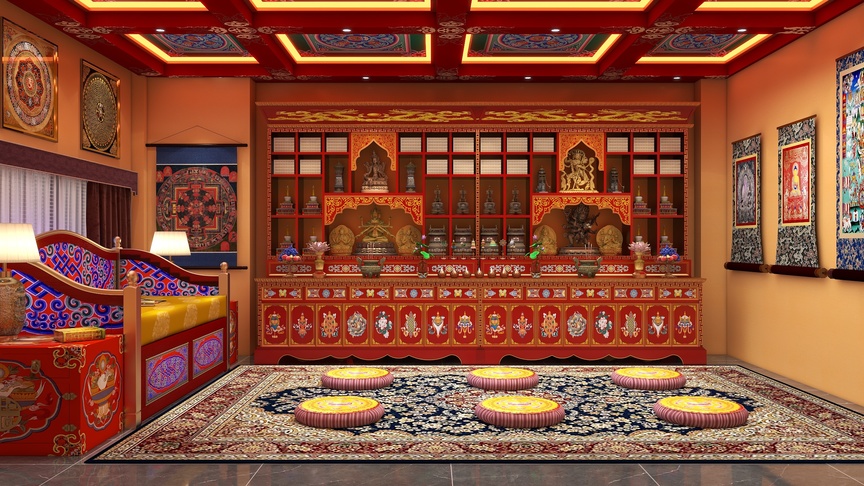 这是一张3D渲染的藏传佛教寺庙的图片。图片最下方是一块大红黑相间的地毯，上面放着7个颜色为黄色、中间有蓝色圆形图案的圆形垫子。垫子两侧有花纹装饰。图片中部是一个佛像柜，柜子的正面有佛像和佛教符号的图案，柜子的侧面是玻璃窗，可以看到佛像的内部。柜子的顶部有佛教经文。在柜子的左侧有一张红色的坐垫床，上面有蓝色的花纹装饰，床尾有一个圆形的木制盒子，上面有花纹装饰。在图片的右侧墙壁上挂着画，这些画有各种颜色的边框。在最右侧的画的上面有一个装有佛教经文的木制箱子。在天花板上有着蓝色的花纹装饰，这些装饰的天花板有着红色的横梁。在墙壁上有着各种画和装饰，这些画有着各种颜色的边框。