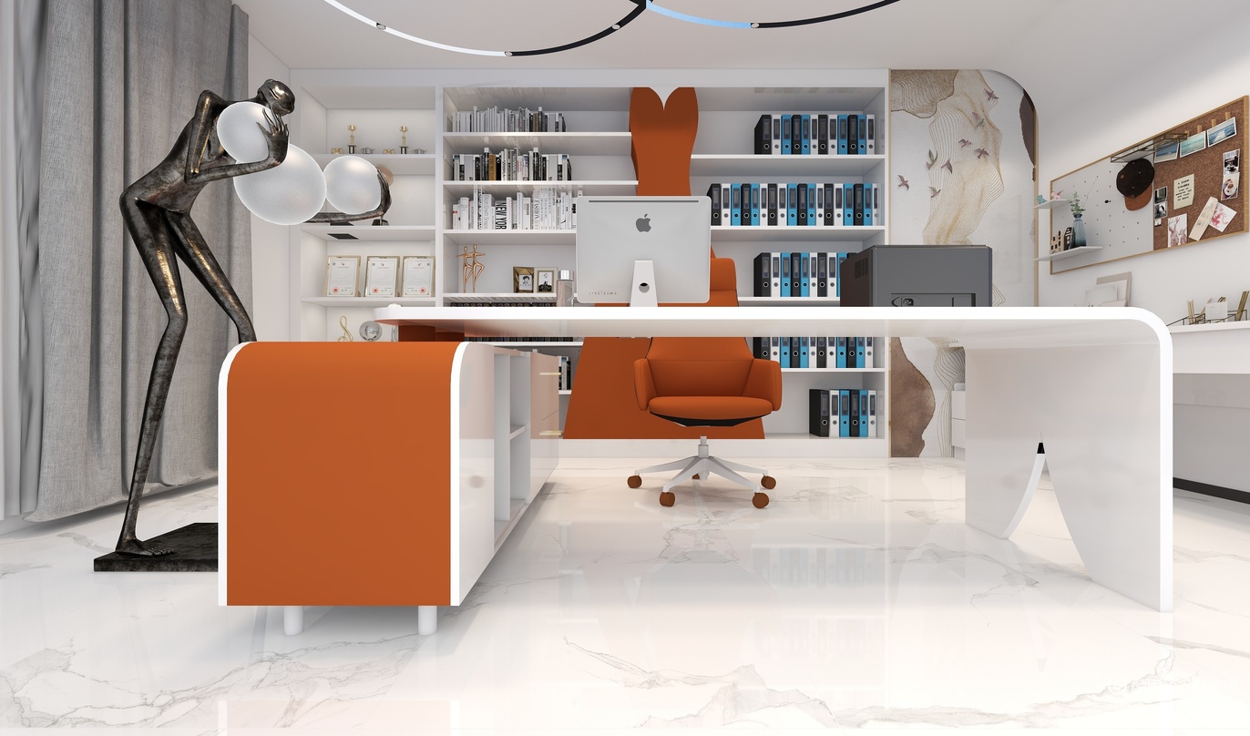 图中是一个经理室，经理室的色彩搭配主要是白色和橙色，呈现出现代、潮流的感觉。房间的一角有一个白色的架子，上面摆放着各式各样的书籍，橙色的椅子和桌子放在中间，橙色的椅子呈现L型，设计感十足，上面还放着一个橙色的抱枕，让人感觉非常舒适。桌子的旁边是一台电脑，屏幕上显示着一些文件，橙色的椅子正对着电脑。架子的左边有一座抽象的雕塑，为房间增添了一些艺术气息。房间的右边墙上挂着一幅艺术画，上面是褐色的框架，画面具体内容无法看清。房间的另一角有一块灰色的电脑显示器，上面放着键盘和鼠标，这是办公必备的物品。