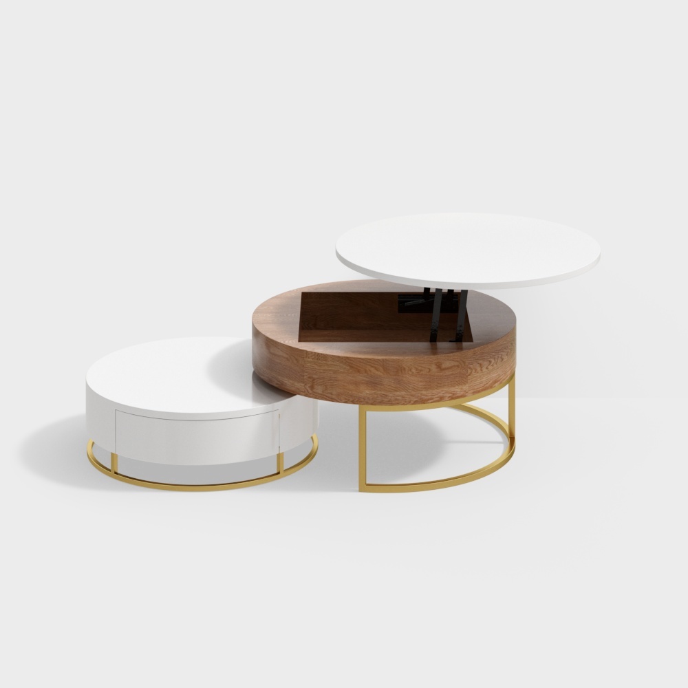 Nesnesis Table Basse Ronde Relevable Moderne Gigogne avec Plateau Blanc et Naturel