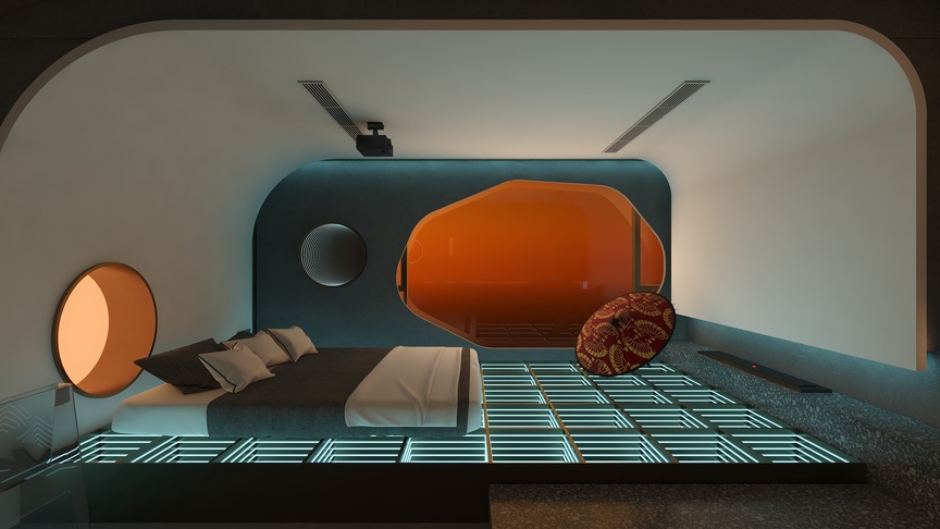 图片中是一个卧室，卧室的装修风格非常独特，背景墙是橙色和蓝色的，看起来像一个飞船内部，墙壁是白色和黑色的，地板是黑色的。卧室中央有一张床，床单是黑色的，上面有白色的图案。床的左边有一个橙色的圆形台灯，床的右侧有一个橙色的圆形台灯，床的前面有一尊红色的雕塑，看起来像一个盾牌。卧室的顶部有黑色的摄像头，墙壁上还有许多不知道用途的黑色设备。
