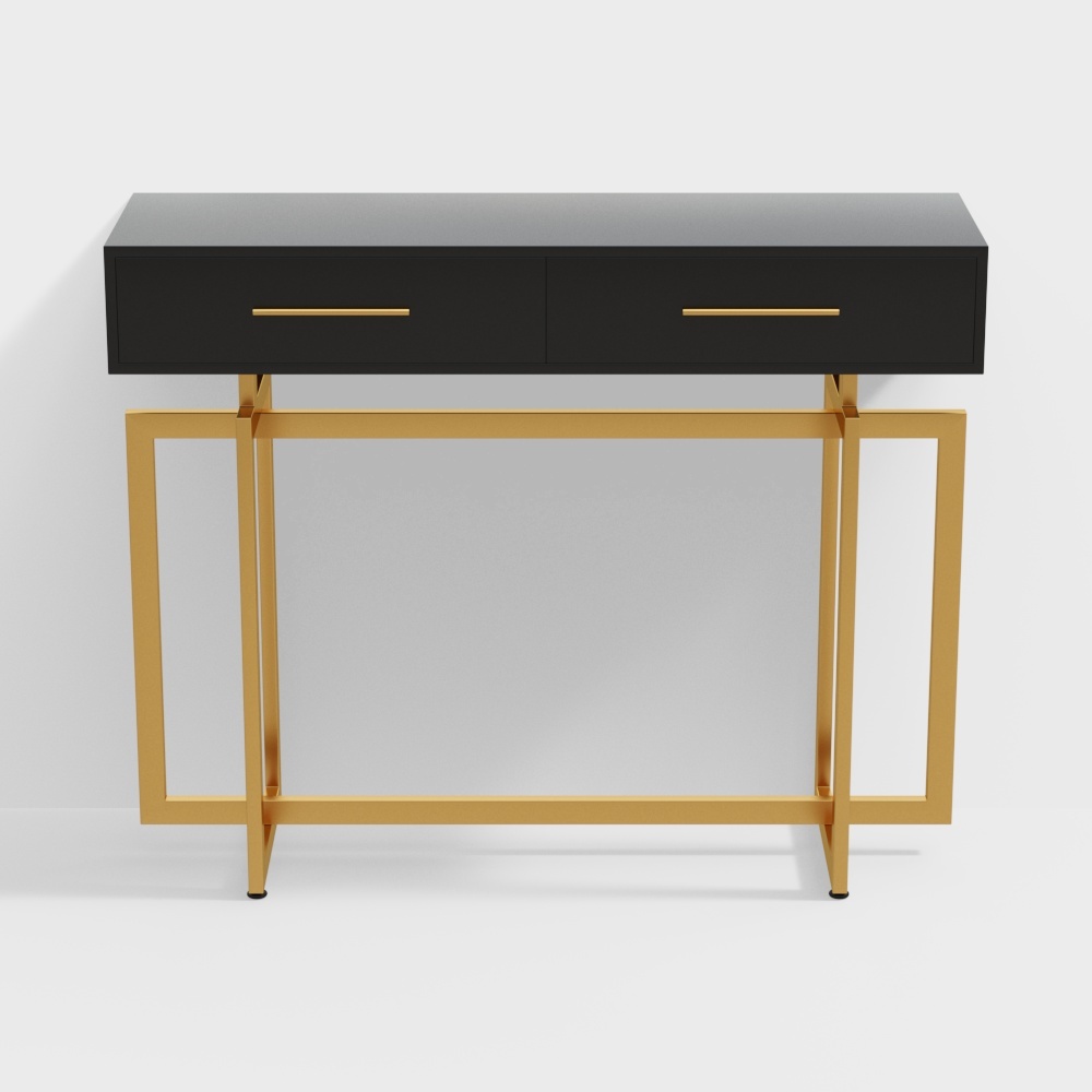 40" Modern Narrow Black Console Table with Storage Drawers and Metal Legs in Gold