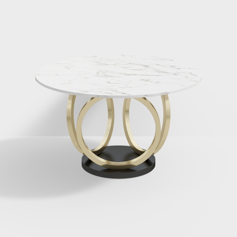 Mesa de comedor moderna redonda blanca para 6 personas con pedestal dorado y negro con tapa de mármol sintético