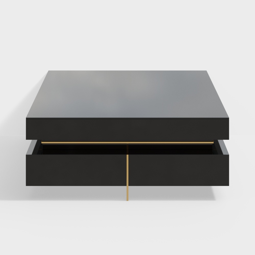 Black Modern Square Coffee Table with Drawers Tempered Glass Top & Metal Legs