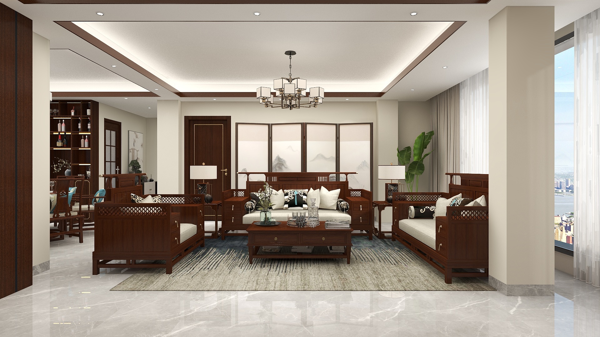 一品设计YP-新中式客餐厅装修效果图