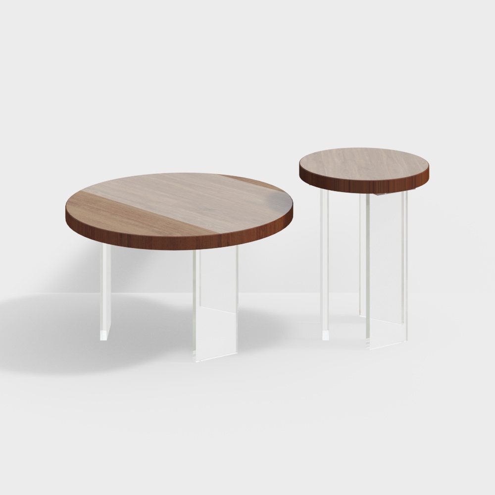 Ensemble de 2 tables basses rondes en bois de pin et acrylique naturel avec 3 pieds