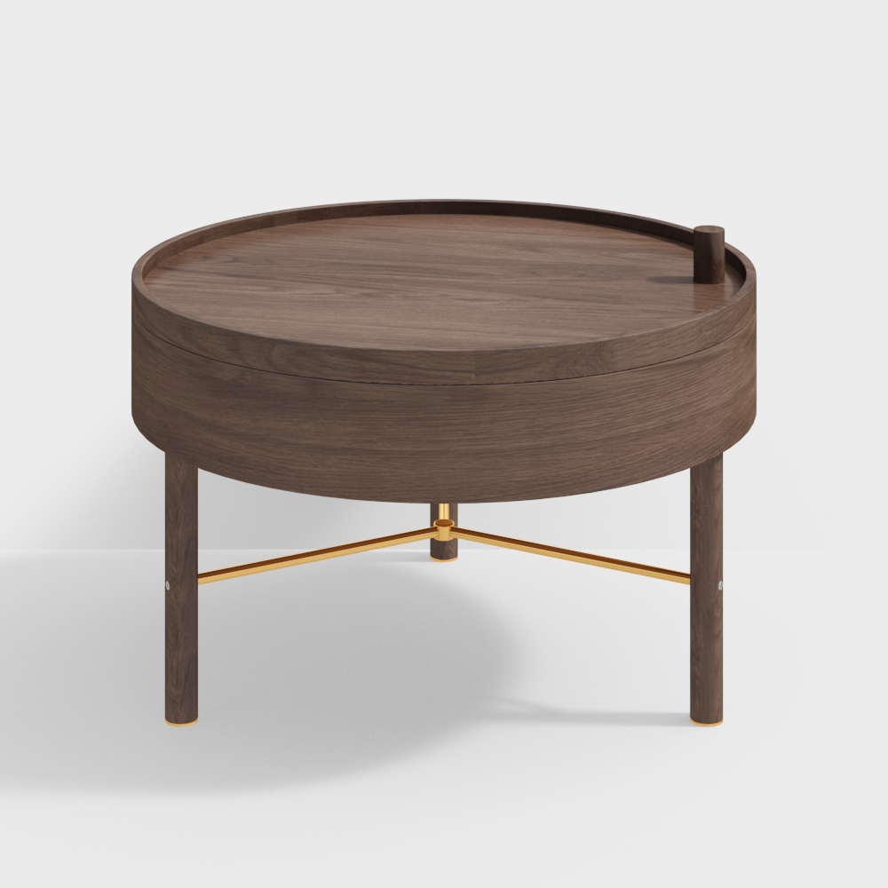 Modern Round Wood Rotating Tray Coffee Table with Storage & Metal Legs in Walnut