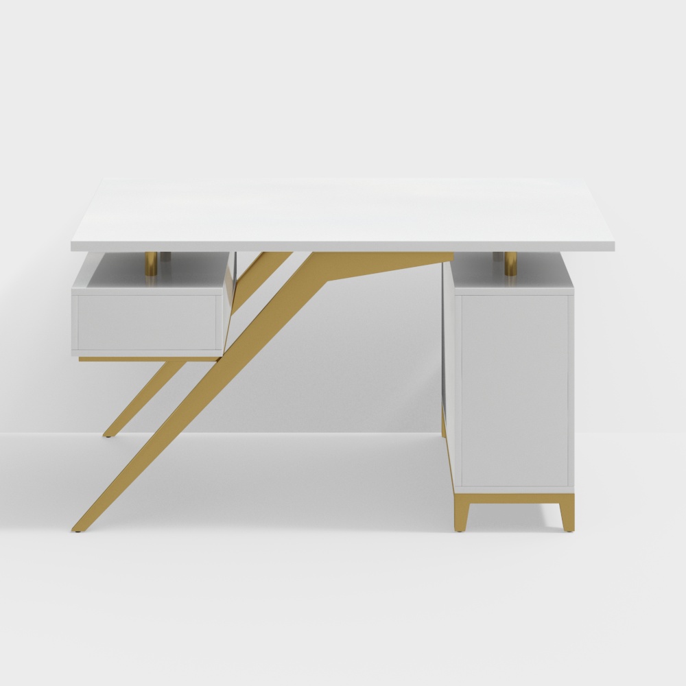 Hungled 55" Ultra Modern White and Gold Computer Writing Desk with Storage & Drawer