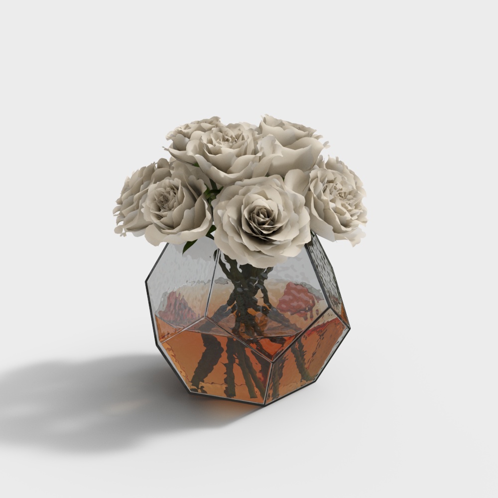现代玫瑰花瓶花艺-多边形花瓶
