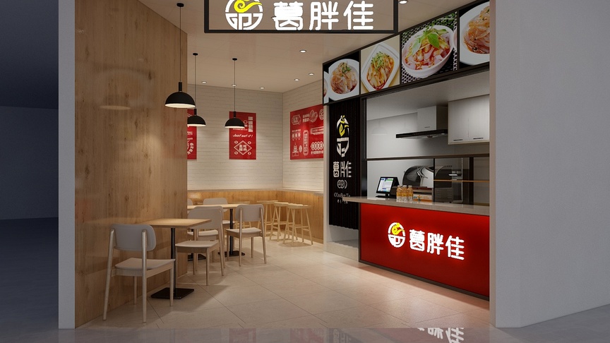 图中是一个餐饮店面的模拟图，店名是“葛胖佳”，店招是红色的背景配黄色的字。左边一排是餐位区，有四张白色椅子和一张木质桌子，桌子的上方有一个红色的吊灯。右边一排是点餐区，有一个白色框的点餐台，上面放了一个白色框的点餐机，点餐机的左边是一个黑色的厨房设备，上面放有两个白色的碗，厨房设备的左边是一张黑色的四人桌，上面有一个白色的开关和一盏白色的灯，墙的右侧有一张红色的收银台，上面写着“葛胖佳”，收银台的前面有一张白色的桌子，上面放着一个白色的开关和一盏白色的灯。门的左边有一张白色桌子，上面放着一个白色的凳子。