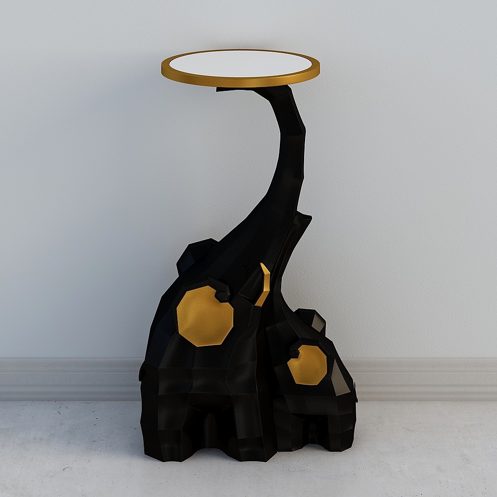 Table d'appoint noire et dorée avec plateau en forme d'éléphant